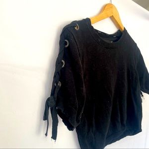 MinkPink Womens XS Black Crop Sweater w Braided Sleeves